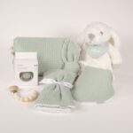 Canastilla bebé Big Bunny compuesta por : Conejito de peluche BUNNY Peluche fabricado por Artesavi hecho a mano y confeccionado utilizando materiales de la más alta calidad, sus superficies son lavables. Este producto dispone de los ensayos de laboratorio y certificados según normativa Europea EN71-1 / EN71-2 / EN71-3 , estando exentos de tintes tóxicos y partes peligrosas garantizando así la total seguridad para los más pequeños. Medida : 32cm Personalizada la bandana con el nombre del bebé. Bandana de piqué waffle y algodón, realizado a mano con cierre de velcro muy cómodo para su ajuste y seguro a la vez, el algodón waffle es una tela muy suave,manejable y cómoda, tremendamente esponjosa adquiere su nombre por los cuadraditos en relieve, que hacen la forma de un gofre o bien de un nido de abeja. Certificación OEKO-TEX STANDARD 100 apto para articulos que puedan estar en contacto directo con la piel para bebes y niñ@s de hasta tres años. Medidas.- 29cm x 15cm Personalizable Mordedor de piqué waffle algodón y madera natural de haya, confección artesanal,el algodón waffle es una tela muy suave,manejable y cómoda, tremendamente esponjosa adquiere su nombre por los cuadraditos en relieve, que hacen la forma de un gofre o bien de un nido de abeja. Certificación OEKO-TEX STANDARD 100 apto para articulos que puedan estar en contacto directo con la piel para bebes y niñ@s de hasta tres años. Paño de lactancia piqué waffle y algodón, el algodón waffle es una tela muy suave,manejable y cómoda, tremendamente esponjosa adquiere su nombre por los cuadraditos en relieve, que hacen la forma de un gofre o bien de un nido de abeja. Certificación OEKO-TEX STANDARD 100 apto para articulos que puedan estar en contacto directo con la piel para bebes y niñ@s de hasta tres años.medidas 35cm X 25cm. Sujetachupete silicona de grado alimentario libre de BPA, PVC, Ftalatos, cadmio y plomo. Pinza de madera y cordón de nylon de alta resistencia