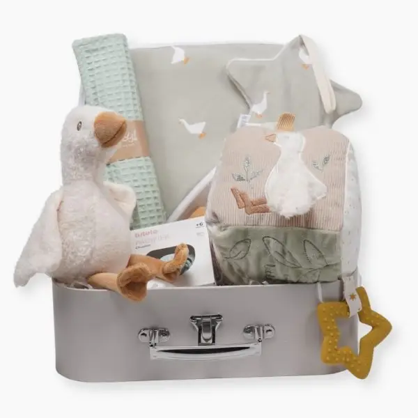 Canastilla Olivia compuesta por : Toalla capa de baño pequeños gansos de Hi Baby!, 100% algodón orgánico. Medidas 75 x 75 cm Paño de lactancia piqué waffle y algodón, el algodón waffle es una tela muy suave,manejable y cómoda, tremendamente esponjosa adquiere su nombre por los cuadraditos en relieve, que hacen la forma de un gofre o bien de un nido de abeja. Certificación OEKO-TEX STANDARD 100 apto para articulos que puedan estar en contacto directo con la piel para bebes y niñ@s de hasta tres años.medidas 35cm X 25cm. Chupete con capucha personalizado con el nombre del bebé Los chupetes Retro Nordic están equipados con tetina patentada NGermany, sinónimo de alta calidad y de una experiencia de más de 30 años. Todas las tetinas disponen de una válvula que les permite recuperar inmediatamente su forma original. La arandela del chupete Retro Nordic cuenta con un sistema de ventilación que permite que el aire circule entre el chupete y la cara del bebé, evitando marcas y rozaduras. Características 100% BPA FREE Con capucha de protección. Producto Europeo, cumple con la normativa EN1400. Las tetinas de silicona hay que revisarlas a menudo cuando los niños tienen dientes. Chupetero de tela pequeños gansos de Hi Baby! 15cm x 15cm., el chupetero es muy suave y agradable para abrazarlo y jugar. Es más fácil encontrar el chupete cuando se ha caído o en la bolsa de pañales. La cinta facilita la sujeción del chupete al chupetero. Parte delantera de algodón y parte trasera de coralina muy suave.Lavable a máquina. Tejido exterior 100% algodón, interior poliéster. Cubo blandito de actividades de Little Dutch, este suave cubo de actividades contiene muchas actividades que estimulan los sentidos del bebé. Hay mucho por descubrir y jugar: varias etiquetas, diferentes texturas, un espejo y un sonajero que suena con cada movimiento. También hay una pequeña rana a la que le gusta jugar al escondite. Este juguete asegura momentos divertidos en