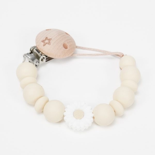 Chupetero silicona flor de grado alimentario libre de BPA, PVC, Ftalatos, cadmio y plomo. Pinza de madera y cordón de nylon de alta resistencia,bajo normativa europea EN12586:2007 (A1:2011) Color beige