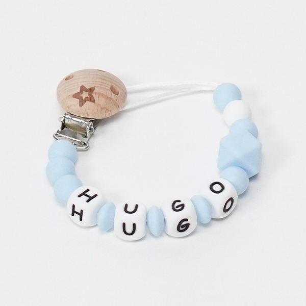 Sujetachupete silicona de grado alimentario libre de BPA, PVC, Ftalatos, cadmio y plomo. Pinza de madera y cordón de nylon de alta resistencia,bajo normativa europea EN12586:2007 (A1:2011) Personalizado