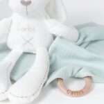 Pack regalo bebé compuesto por peluche conejito blanco de felpa personalizado y doudou muselina con aro de madera personalizdo.Este tierno conejito es un perfecto compañero para tu pequeño. Con su suave tacto esponjoso y apariencia adorable, este conejito es un amigo indispensable para bebés y niños pequeños, siempre dispuesto a recibir calidos mimos y abrazos. Personalizado con el nombre del pequeño. Muñeco de felpa y relleno de algodón Medida 42cm Muy decorativo Doudou muselina con aro de madera natural de haya, personalizado con el nombre del bebé. La muselina es una tela de algodón orgánico muy suave,manejable, cómoda, esponjosa, ligera y agradable al tacto, tambien se denomina gasa de algodón. Todas las telas que utilizamos para el doudou muselina están certificadas con el sello STANDARD 100 by OEKO-TEX® que garantiza la ausencia de sustancias nocivas en el producto, esencial para el contacto directo con la piel para bebes y niñ@s de hasta tres años. Doudou muselina de doble capa, las medidas son 30cm x 30cm. Será uno de sus juguetes favoritos a modo de doudou. Para los más pequeños es muy fácil cogerlo, agarrarlo con fuerza y manejarlo. Calmará al bebé cuando empiece con la dentición. También se puede sustituir el aro por el chupete, actuando como chupetero. Personalizado el aro de madera con el nombre del bebé, confección artesanal elaborado por Hi Baby!