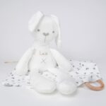 Pack regalo bebé compuesto por peluche conejito blanco de felpa personalizado y doudou muselina con aro de madera personalizdo.Este tierno conejito es un perfecto compañero para tu pequeño. Con su suave tacto esponjoso y apariencia adorable, este conejito es un amigo indispensable para bebés y niños pequeños, siempre dispuesto a recibir calidos mimos y abrazos. Personalizado con el nombre del pequeño. Muñeco de felpa y relleno de algodón Medida 42cm Muy decorativo Doudou muselina con aro de madera natural de haya, personalizado con el nombre del bebé. La muselina es una tela de algodón orgánico muy suave,manejable, cómoda, esponjosa, ligera y agradable al tacto, tambien se denomina gasa de algodón. Todas las telas que utilizamos para el doudou muselina están certificadas con el sello STANDARD 100 by OEKO-TEX® que garantiza la ausencia de sustancias nocivas en el producto, esencial para el contacto directo con la piel para bebes y niñ@s de hasta tres años. Doudou muselina de doble capa, las medidas son 30cm x 30cm. Será uno de sus juguetes favoritos a modo de doudou. Para los más pequeños es muy fácil cogerlo, agarrarlo con fuerza y manejarlo. Calmará al bebé cuando empiece con la dentición. También se puede sustituir el aro por el chupete, actuando como chupetero. Personalizado el aro de madera con el nombre del bebé, confección artesanal elaborado por Hi Baby!