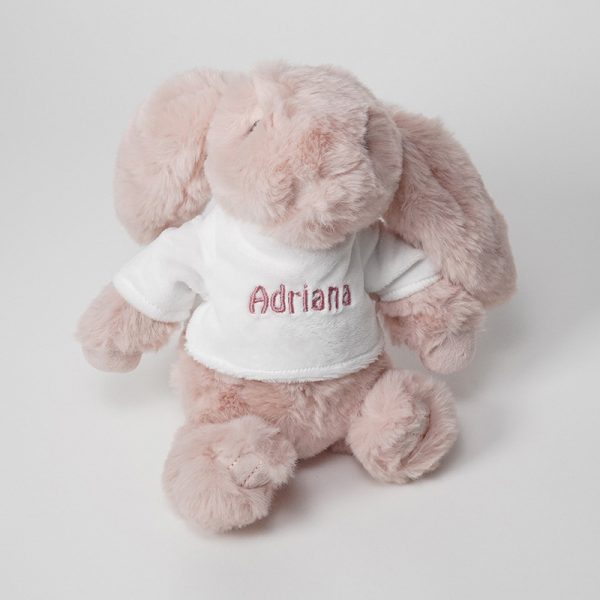 Conejito de peluche 22cm. Personalizada con el nombre del bebé, elaborado por Hi Baby! Para añadir a las tartas de tartas de pañales personalizadas o a las Canastillas bebé Personalizadas Todos nuestros peluches disponen de los ensayos de laboratorio y certificados según normativa Europea EN71 garantizando de esta manera la total seguridad para los más pequeños, estando nuestros peluches exentos de tintes tóxicos y partes peligrosas. Disponible en 32 cm.