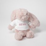 Conejito de peluche 22cm. Personalizada con el nombre del bebé, elaborado por Hi Baby! Para añadir a las tartas de tartas de pañales personalizadas o a las Canastillas bebé Personalizadas Todos nuestros peluches disponen de los ensayos de laboratorio y certificados según normativa Europea EN71 garantizando de esta manera la total seguridad para los más pequeños, estando nuestros peluches exentos de tintes tóxicos y partes peligrosas. Disponible en 32 cm.