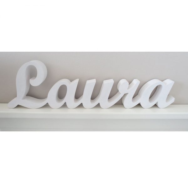 Nombre de madera para estantería Laura pintado en blanco