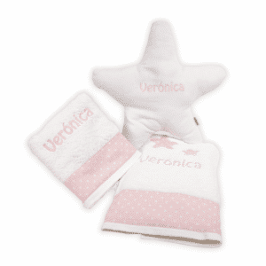 Juego de toallas y cojín bebé estrella personalizado bordado rosa bebé estrellas blancas