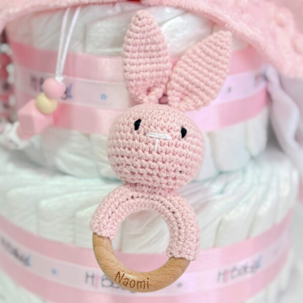 Mordedor sonajero crochet orejitas con aro de madera de haya personalizado. 15 cm