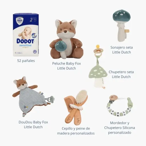 Tarta de pañales de tres pisos compuesto por 52 unidades marca Dodot sensitive, peluche principal zorro forest friends de Little Dutch. Este adorable zorrito de la colección Forest Friends adora los abrazos y el juego. Con su pelaje suave y esponjoso, es perfecto para acurrucarse. En su pata lleva una preciada seta que llevar a donde quiera que vaya. Embárcate en emocionantes viajes juntos a través del bosque mágico, rodeado de árboles y otros amigos del bosque. Al final de cada día, el zorro te envolverá en un acogedor abrazo con su larga cola, asegurándote de que te quedes dormido en paz. Edad recomendada 0+ Medidas 15 x 10 x 20 cm Sujeta chupetes de silicona Momma personalizado con el nombre del bebé. Cepillo y peine para bebé de madera 100% natural personalizado con el nombre del bebé. Chupetero muselina Seta producida en tejido muselina arrugada prelavada para mayor suavidad y absorción de humedad, con cinta para fijar el chupete. Sonajero seta forest friends de Little Dutch, agita esta seta aventurera! Escucharás un sonido agradable cada vez que juegues con él. El sonajero estimula la coordinación mano-ojo, está hecho de materiales maravillosamente suaves y puede ser fácilmente agarrado por las manos de los niños pequeños. Doudou zorro forest friends. Descripción ¡Un abrazo para consolarte! Este compañero de abrazos está listo para acurrucarse y consolarte donde y cuando lo necesites. El simpático zorro te calmará con su suavidad mágica, ofreciéndote un abrazo reconfortante siempre que necesites un amigo a tu lado. La tela suave de su cuerpo presenta detalles encantadores que incluyen etiquetas divertidas, un bordado de Forest Friends y dos nudos para que las pequeñas manos los agarren y sujeten. Con el práctico lazo, es fácil colocar un chupete para mantenerlo cerca. Edad recomendada 0+ Medidas 23 x 8 x 31 cm