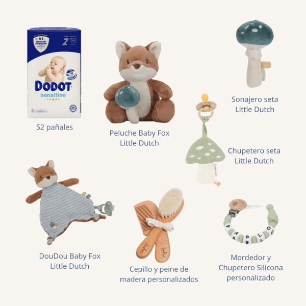 Tarta de pañales de tres pisos compuesto por 52 unidades marca Dodot sensitive, peluche principal zorro forest friends de Little Dutch. Este adorable zorrito de la colección Forest Friends adora los abrazos y el juego. Con su pelaje suave y esponjoso, es perfecto para acurrucarse. En su pata lleva una preciada seta que llevar a donde quiera que vaya. Embárcate en emocionantes viajes juntos a través del bosque mágico, rodeado de árboles y otros amigos del bosque. Al final de cada día, el zorro te envolverá en un acogedor abrazo con su larga cola, asegurándote de que te quedes dormido en paz. Edad recomendada 0+ Medidas 15 x 10 x 20 cm Sujeta chupetes de silicona Momma personalizado con el nombre del bebé. Cepillo y peine para bebé de madera 100% natural personalizado con el nombre del bebé. Chupetero muselina Seta producida en tejido muselina arrugada prelavada para mayor suavidad y absorción de humedad, con cinta para fijar el chupete. Sonajero seta forest friends de Little Dutch, agita esta seta aventurera! Escucharás un sonido agradable cada vez que juegues con él. El sonajero estimula la coordinación mano-ojo, está hecho de materiales maravillosamente suaves y puede ser fácilmente agarrado por las manos de los niños pequeños. Doudou zorro forest friends. Descripción ¡Un abrazo para consolarte! Este compañero de abrazos está listo para acurrucarse y consolarte donde y cuando lo necesites. El simpático zorro te calmará con su suavidad mágica, ofreciéndote un abrazo reconfortante siempre que necesites un amigo a tu lado. La tela suave de su cuerpo presenta detalles encantadores que incluyen etiquetas divertidas, un bordado de Forest Friends y dos nudos para que las pequeñas manos los agarren y sujeten. Con el práctico lazo, es fácil colocar un chupete para mantenerlo cerca. Edad recomendada 0+ Medidas 23 x 8 x 31 cm