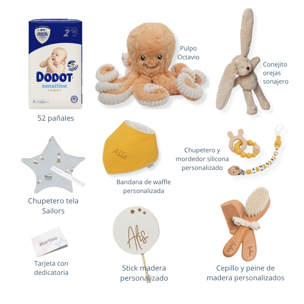 Tarta de pañales de tres pisos compuesto por 52 unidades marca Dodot sensitive, peluche principal Pulpo dorado 40cm, increiblemente suave y decorativo, chupetero de silicona con pinza de silicona de grado alimentario libre de BPA, PVC, Ftalatos, cadmio y plomo, mordedor de silicona con figura de madera natural haya, bandana secababitas de piqué waffle, chupetero de tela estrella de Little Dutch 15cm x 15cm, cepillo y peine personalizados con el nombre del bebé de madera natural, sonajero conejo orejitas de Artesavi 35cm, stick de madera personalizado con el nombre del bebé. Dimensiones altura 45cm x 26cm ancho. Color Melocotón