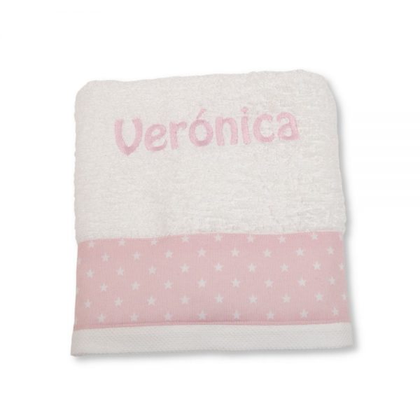 Toalla bebé personalizada bordada lavabo rosa bebe estrellas blancas