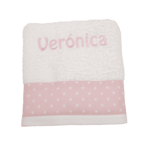 Toalla bebé personalizada bordada lavabo tela piquToalla bebé personalizada bordada lavabo con aplique estrellas tela piqué rosa bebe estrellas blancas rosa bebe estrellas blancas